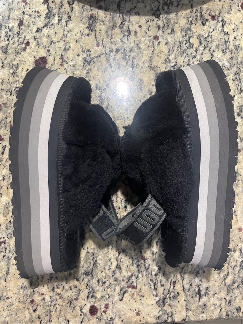 UGG Black Fuzzy Platform Slingback Sandals Size: 6